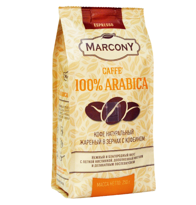 Фото Marcony Espresso Caffe' 100% Arabica кофе в зернах, 250 г